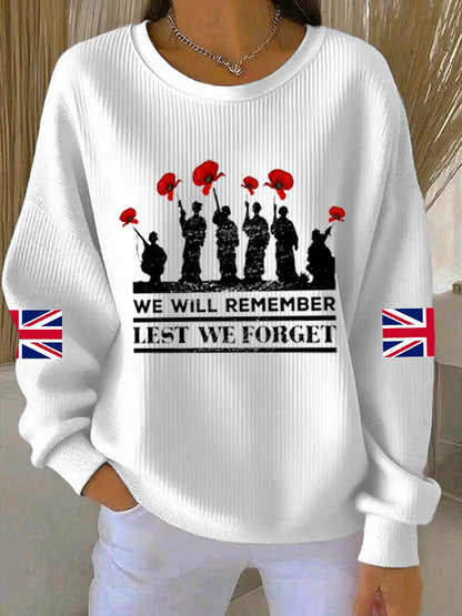 Women's 11th November Remembrance Day LEST WE'S FORGET Poppy Remembrance Ribbed Round-Neck Sweatshirt