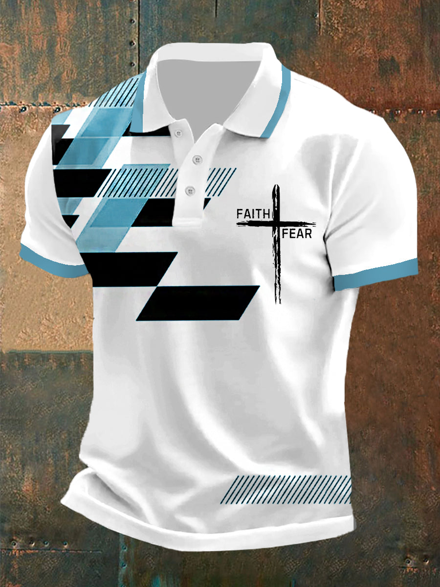 Men's Faith Over Fear Cross Faith Geometric Print Casual Polo