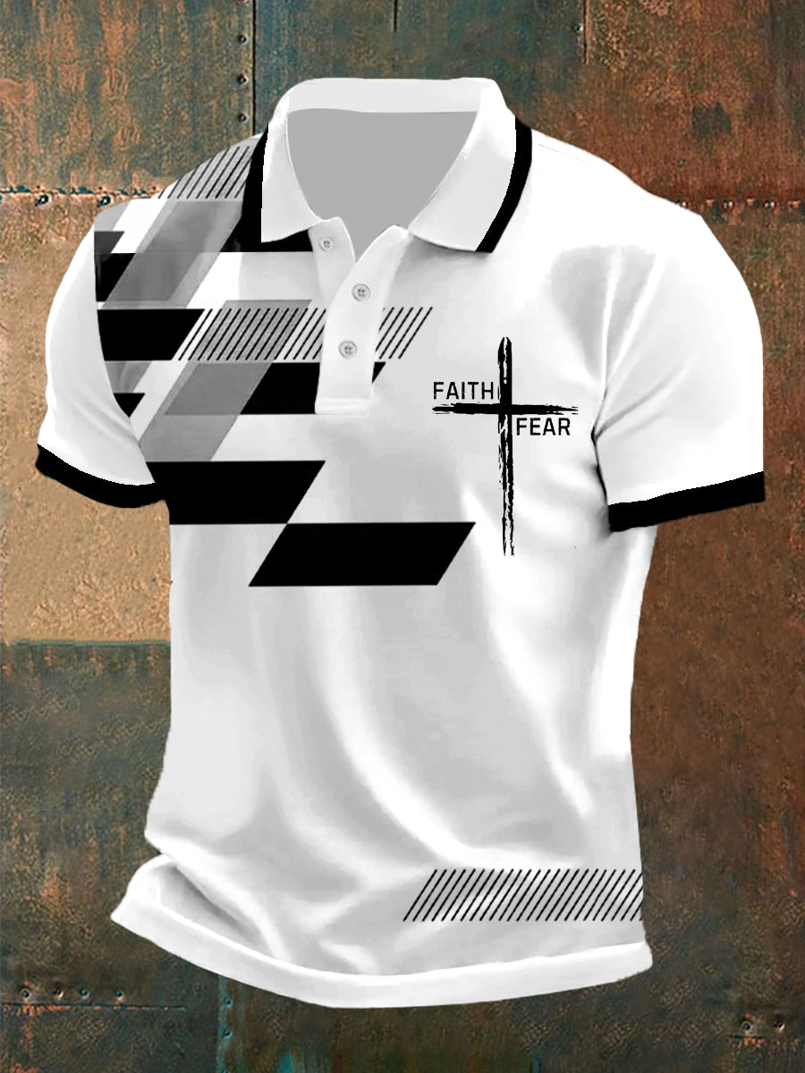 Men's Faith Over Fear Cross Faith Geometric Print Casual Polo
