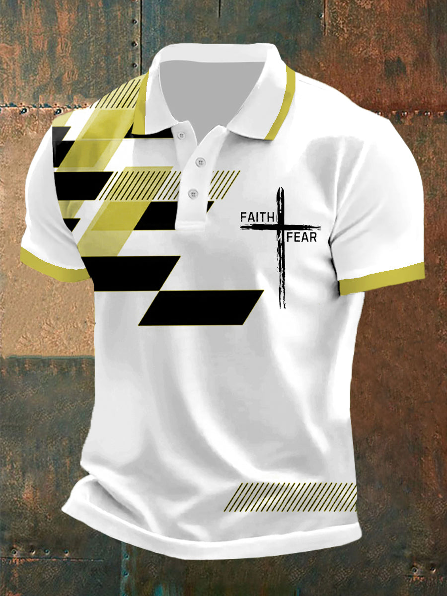 Men's Faith Over Fear Cross Faith Geometric Print Casual Polo