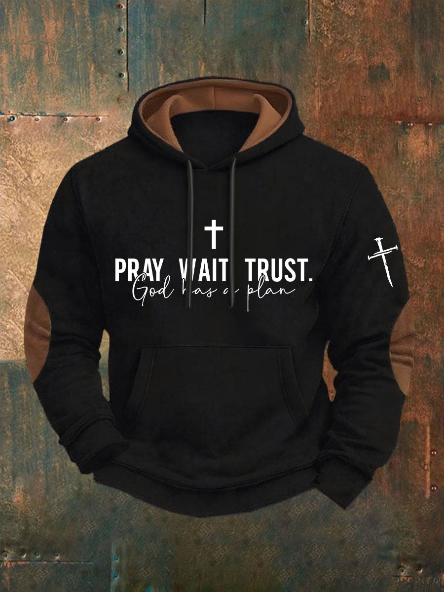 Men's Pray Wait Trust Print Casual Hoodie