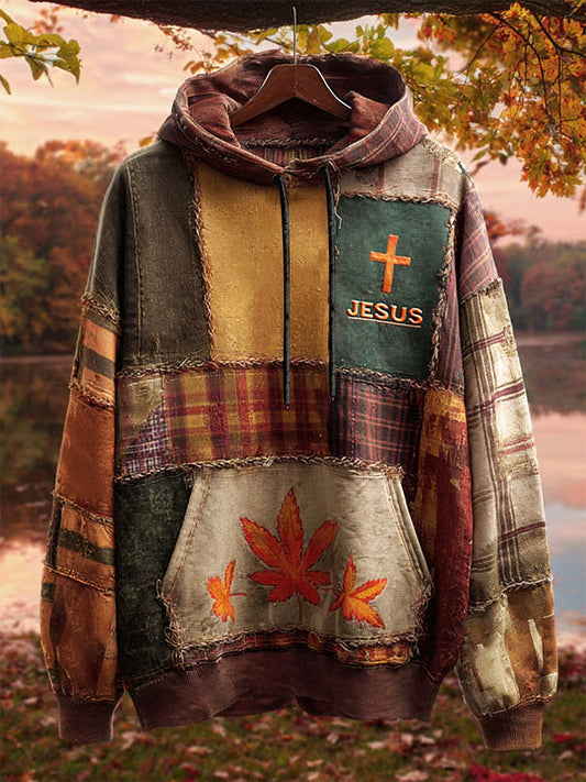 Men's Retro Casual Faith Cross Art Print Oversized Drop-Shoulder Pockets Hoodie