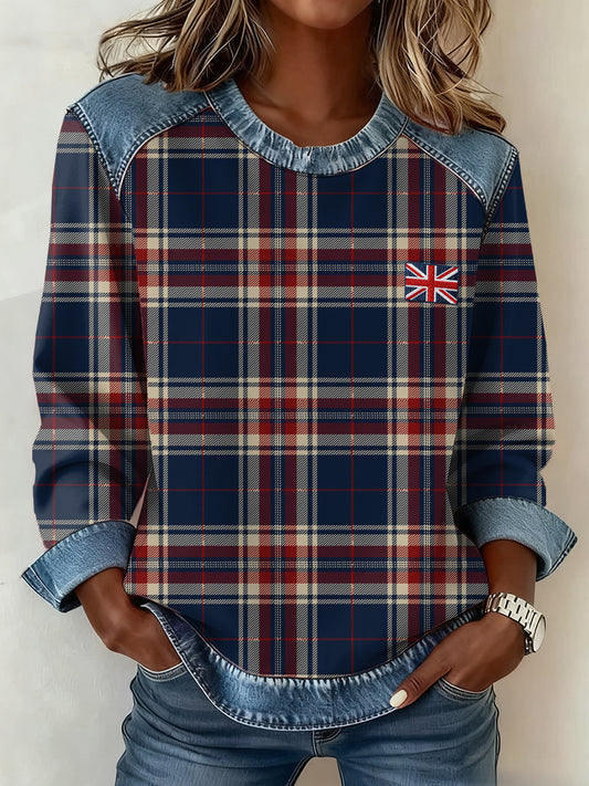 Women's British Style Inspired Plaid Pattern Patchwork Art Sweatshirt