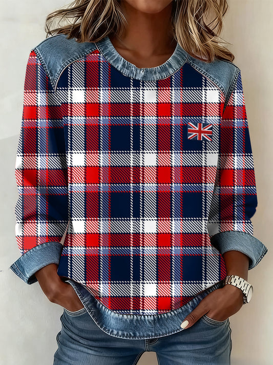 Women's British Style Inspired Plaid Pattern Patchwork Art Sweatshirt