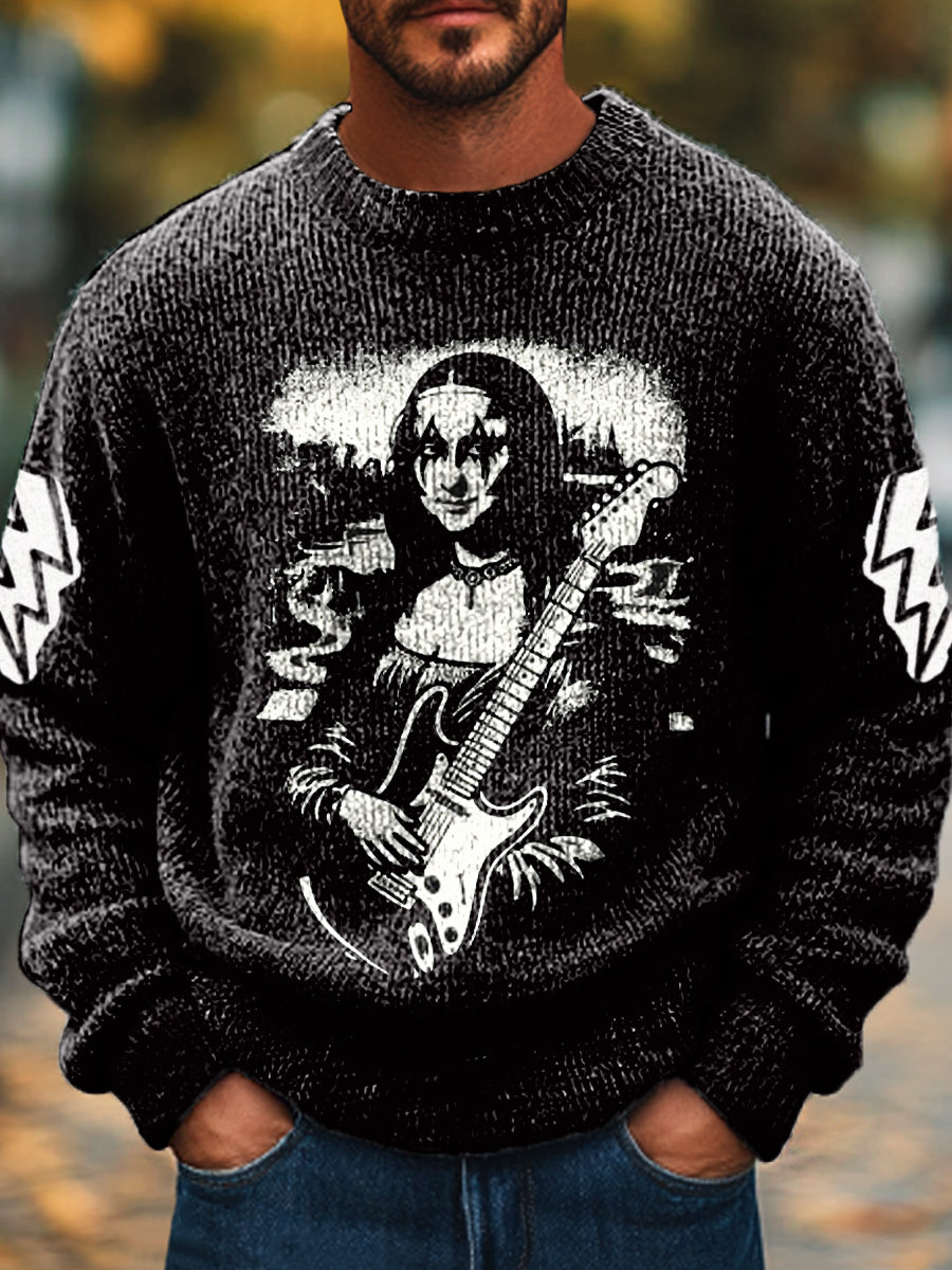 Men's Rock Music Print Crew Neck Sweater