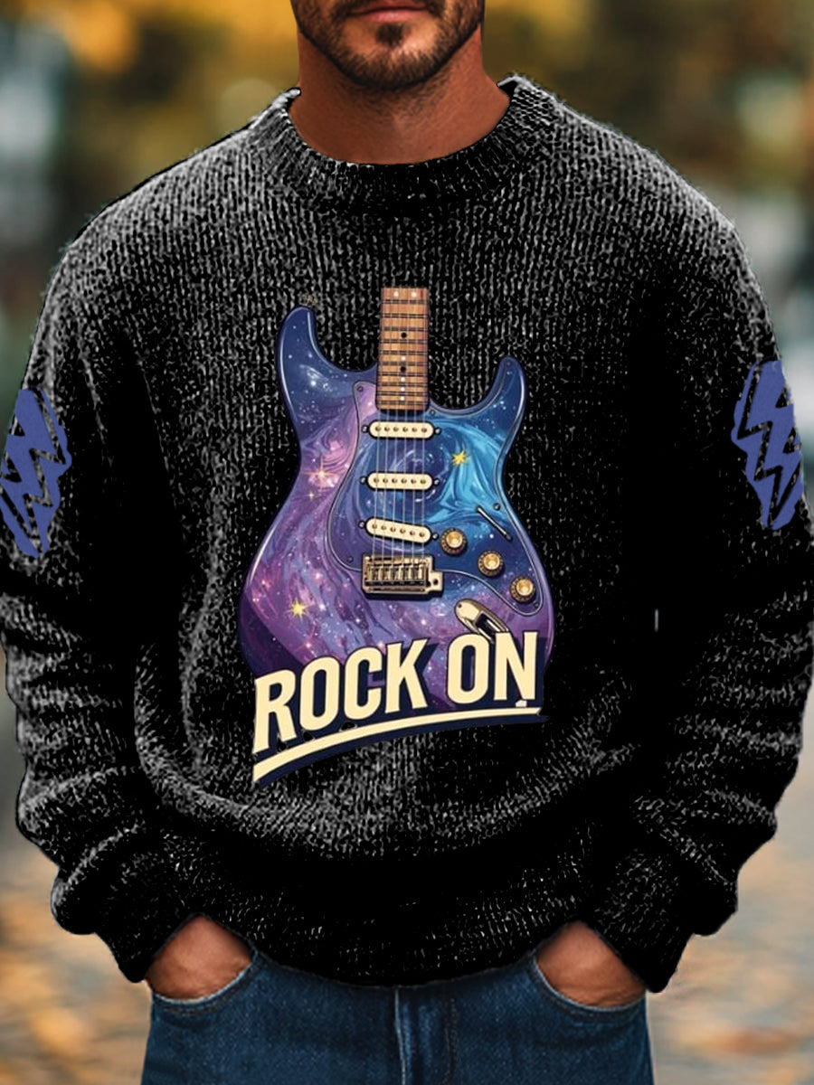 Men's Vintage Rock Guitar Commemorative Crew Neck Sweater