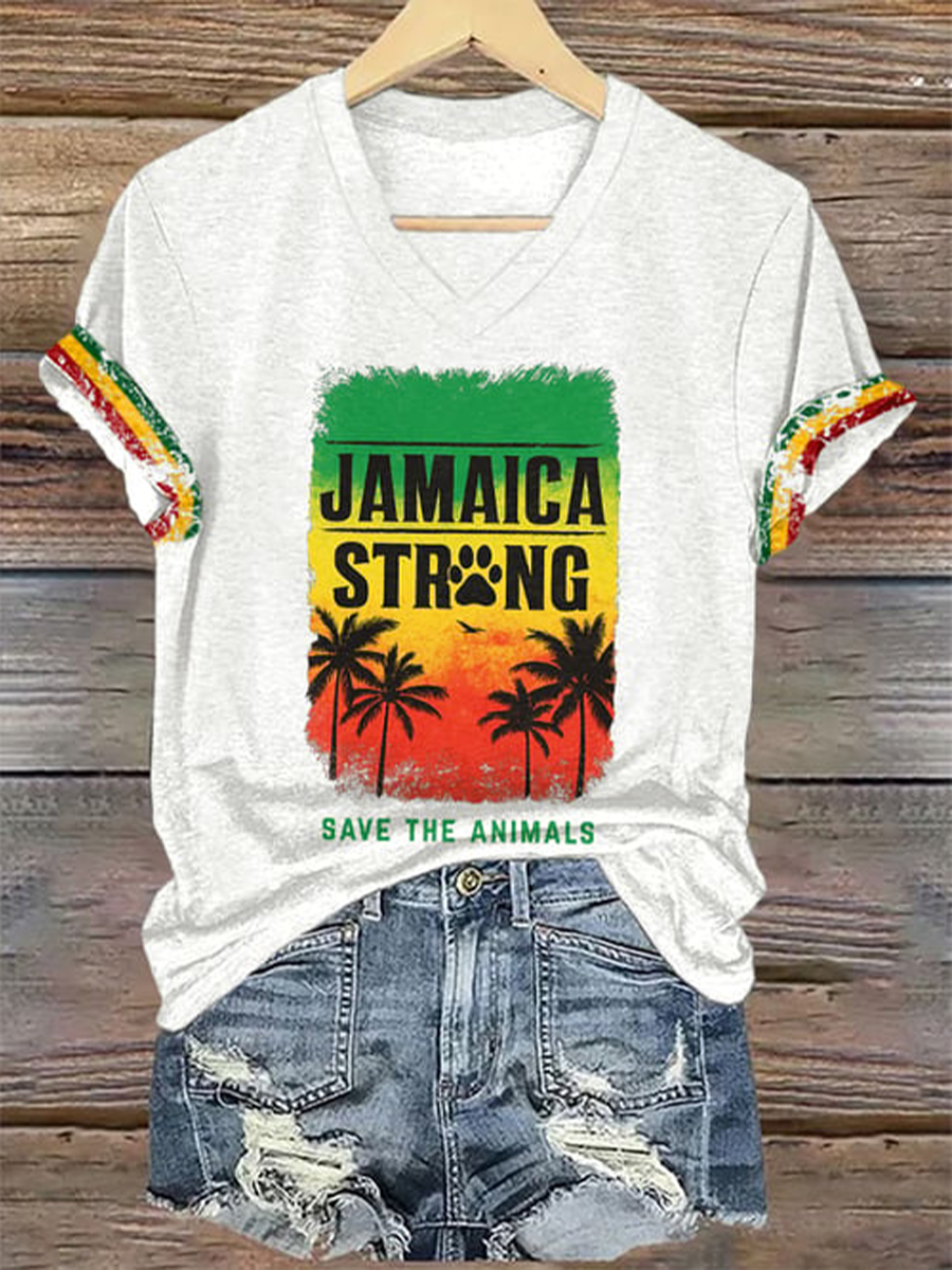 Women's V-Neck Retro Jamaica Strong Save The Animals Reggae Red, Green, And Gold Print T-Shirt