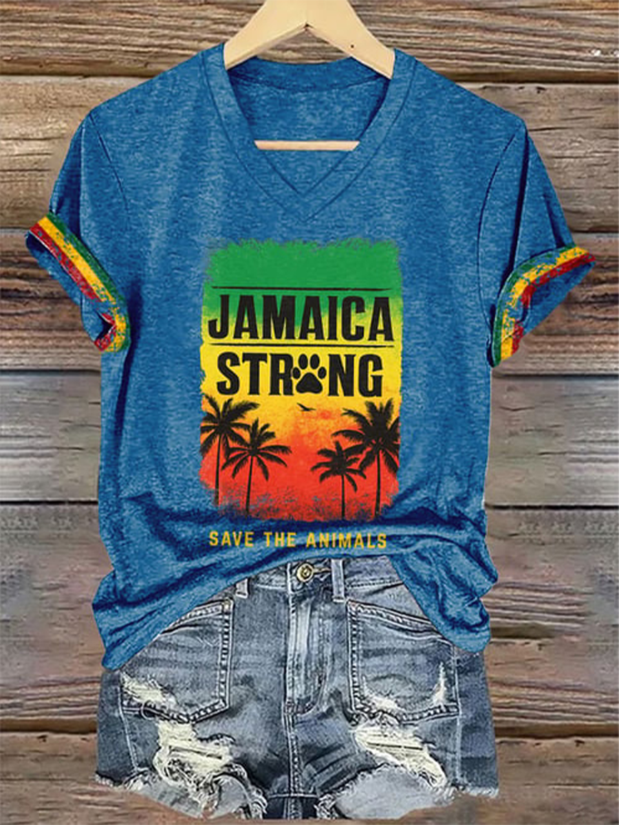 Women's V-Neck Retro Jamaica Strong Save The Animals Reggae Red, Green, And Gold Print T-Shirt