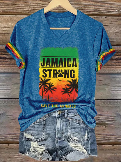 Women's V-Neck Retro Jamaica Strong Save The Animals Reggae Red, Green, And Gold Print T-Shirt