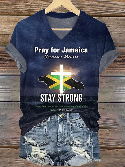 Women's V-Neck Retro Pray For Jamaica Stay Strong Psalm 107:29 "He Calmed The Storm To A Whisper And Stilled The Waves." Print T-Shirt