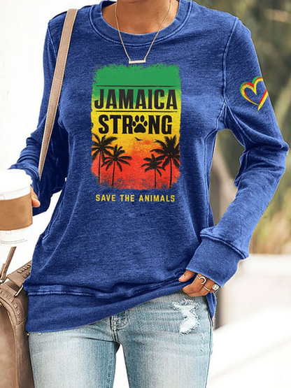 Women's Retro Jamaica Strong Save The Animals Reggae Red, Green, And Gold Print Sweatshirt