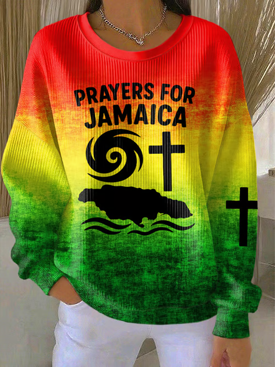 Women's Retro Prayers For Jamaica Hurricane Melissa Jamaica Strong Cross Reggae Red, Green, And Gold Print Sweatshirt