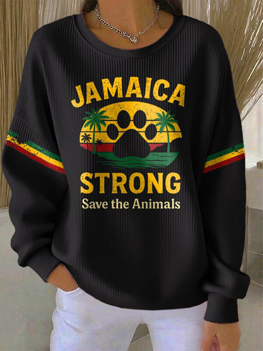 Women's Retro Jamaica Strong Save The Animals Reggae Red, Green, And Gold Print Sweatshirt
