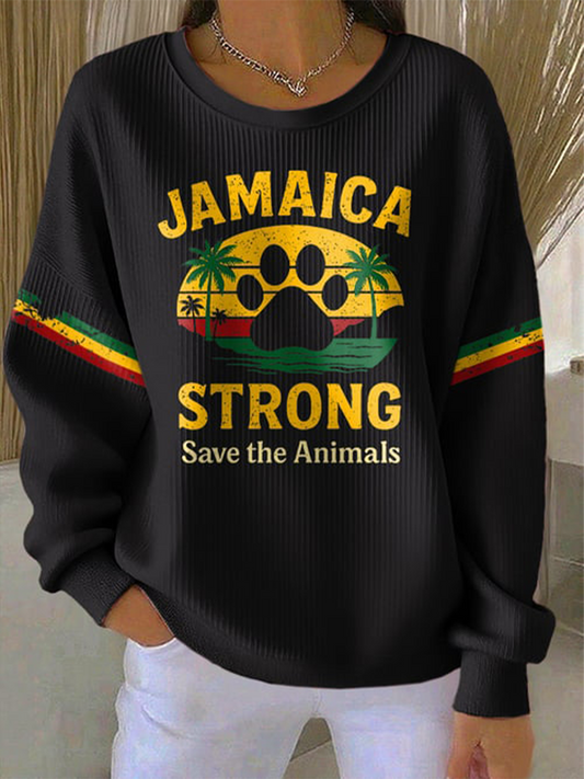 Women's Retro Jamaica Strong Save The Animals Reggae Red, Green, And Gold Print Sweatshirt