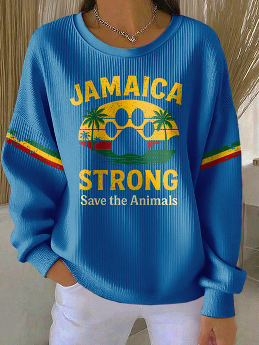 Women's Retro Jamaica Strong Save The Animals Reggae Red, Green, And Gold Print Sweatshirt