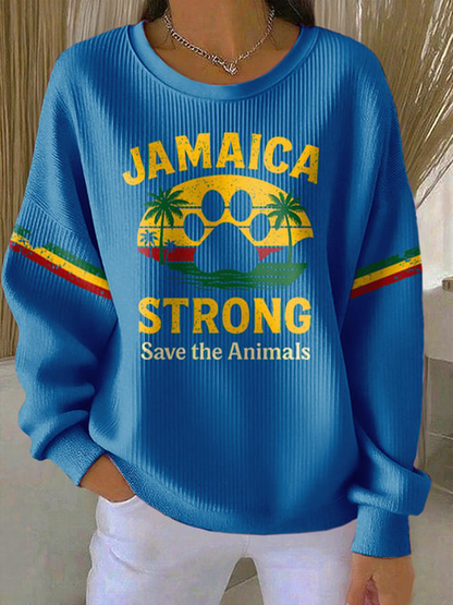 Women's Retro Jamaica Strong Save The Animals Reggae Red, Green, And Gold Print Sweatshirt