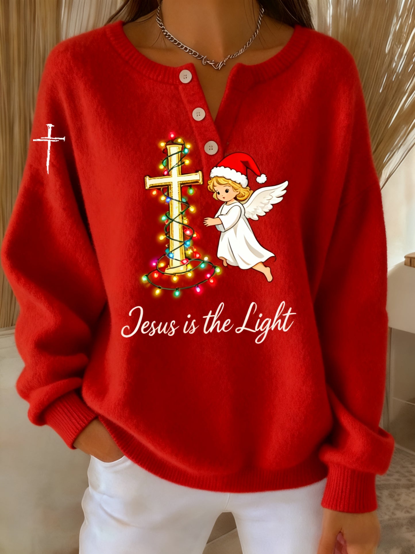 Vintage Christmas Faith Cross  Angel Lantern Print Long-sleeve Sweater