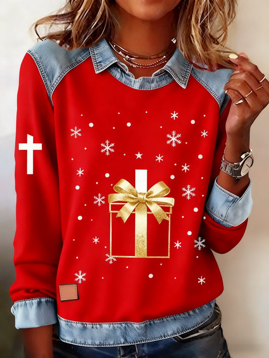 Vintage Christmas Faith Printed Casual Loose Long Sleeve Lapel Sweatshirt
