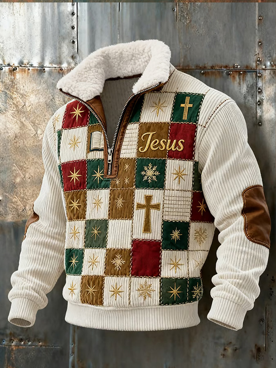 Men's Retro Artistic Faith Casual Thick Sweatshirt with Fur Collar