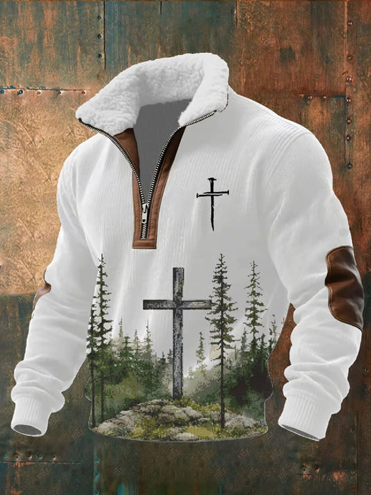 Men's Vintage Art Faith Casual Fur Collar Sweatshirt