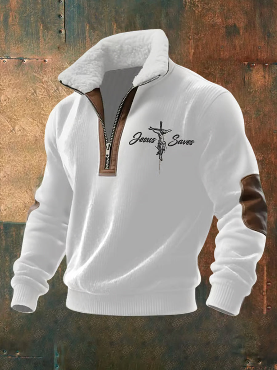 Men's Retro Artistic Faith Casual Thick Sweatshirt with Fur Collar