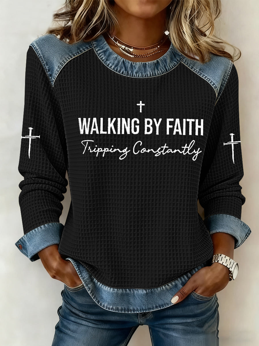 Women's Walking by Faith Tripping Constantly Cross Waffle Sweatshirt