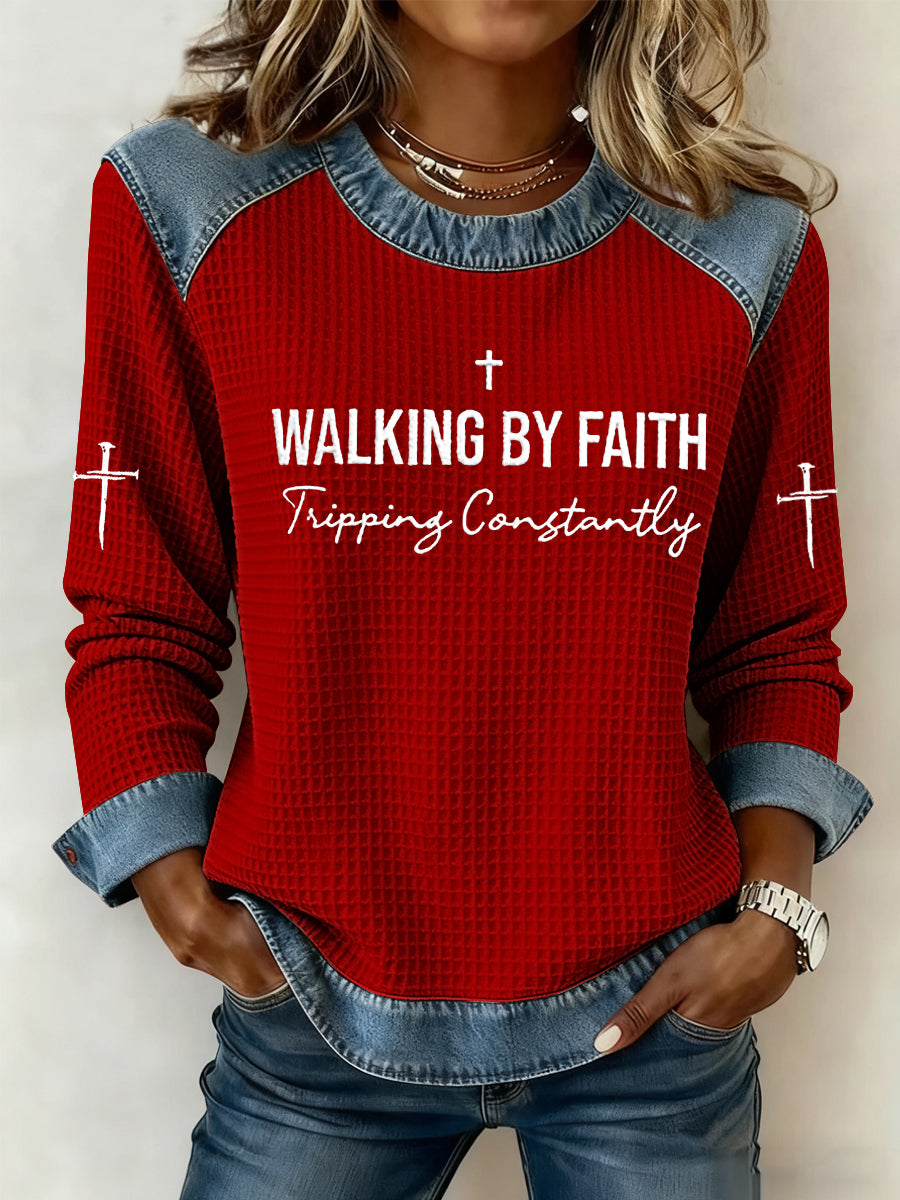 Women's Walking by Faith Tripping Constantly Cross Waffle Sweatshirt