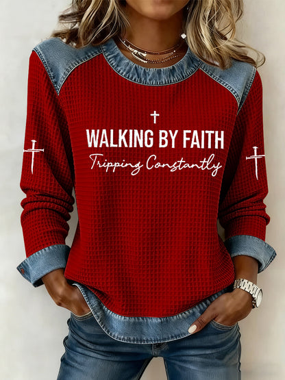 Women's Walking by Faith Tripping Constantly Cross Waffle Sweatshirt