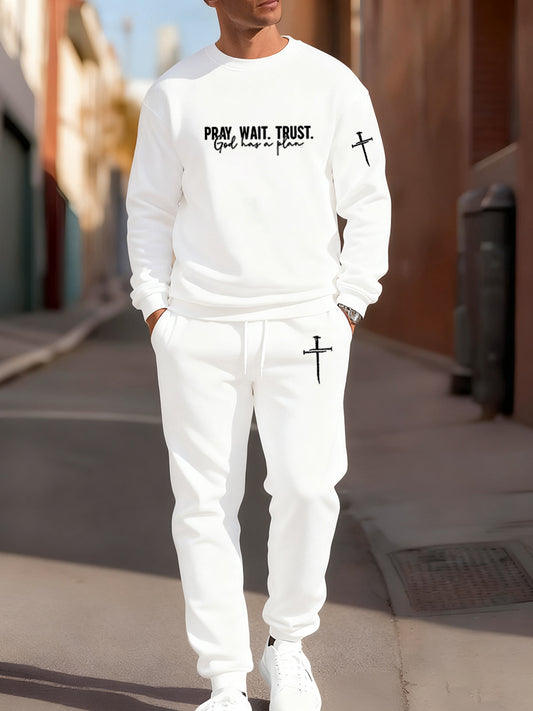 Men's Retro Faith Art Print Casual Crew Neck Sweatshirt and Pants 2-Piece Set