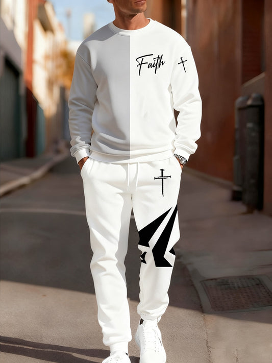 Men's Retro Faith Art Print Casual Crew Neck Sweatshirt and Pants 2-Piece Set