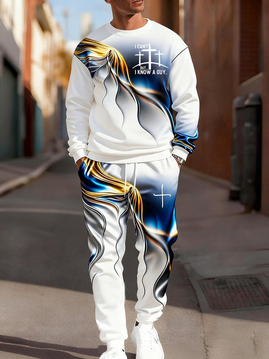 Men's Retro Faith Art Print Casual Crew Neck Sweatshirt and Pants 2-Piece Set