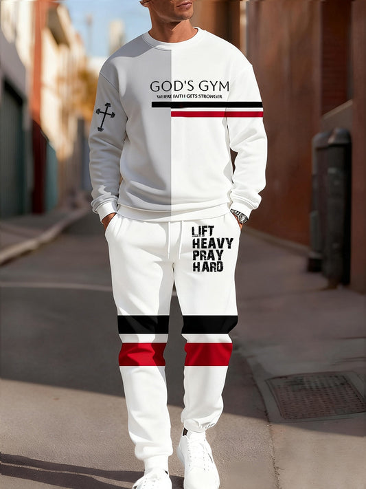 Men's Retro Faith Art Print Casual Crew Neck Sweatshirt and Pants 2-Piece Set