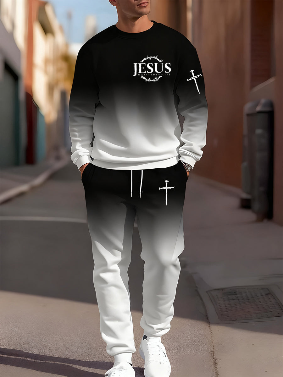 Men's Retro Faith Art Print Casual Crew Neck Sweatshirt and Pants 2-Piece Set