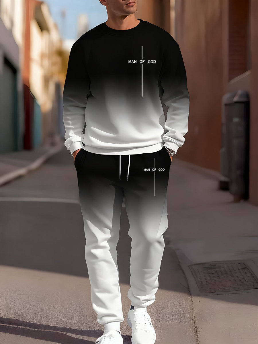 Men's Retro Faith Art Print Casual Crew Neck Sweatshirt and Pants 2-Piece Set