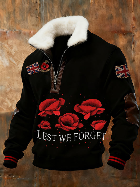 Men's Memorial Day "Forget Me Not" Poppy Fur Collar Sweatshirt