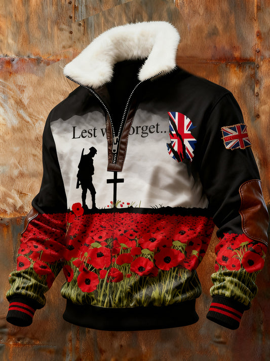 Men's Memorial Day "Forget Me Not" Poppy Fur Collar Sweatshirt