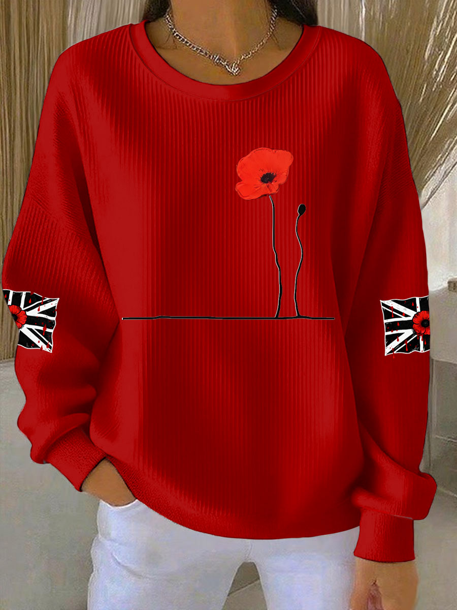 Women's British Popph Print Ribbed Round-Neck Sweatshirt