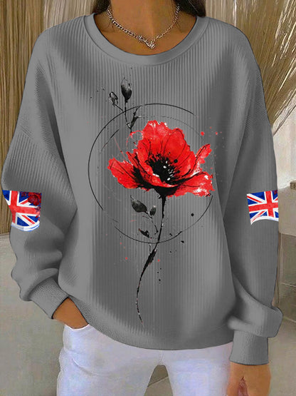 Women's British Popph Print Ribbed Round-Neck Sweatshirt