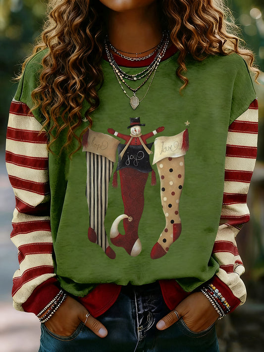 Women's Merry Christmas Print Striped Long Sleeve Sweatshirt
