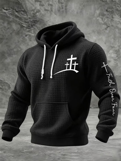 Men's Faith Over Fear Faith Cross  Checkered Cotton Hoodie