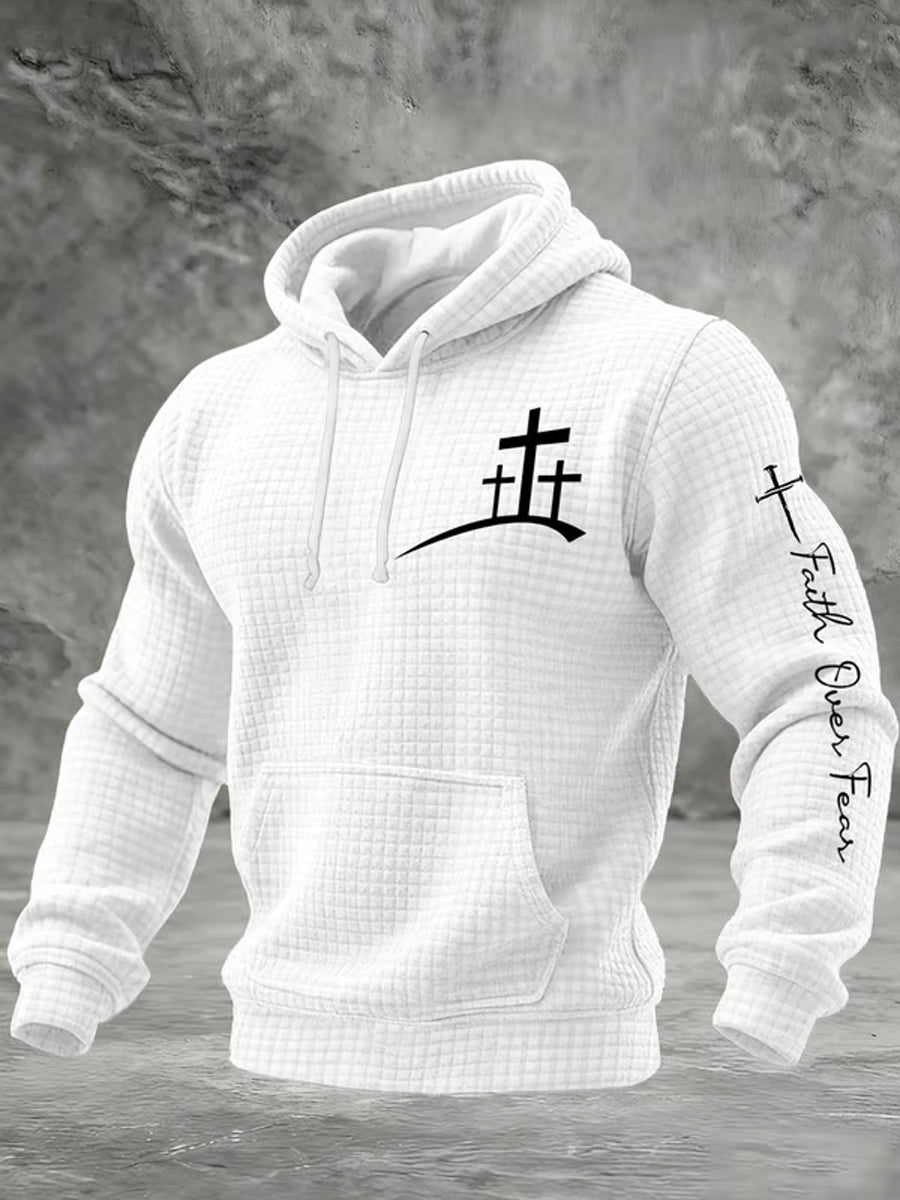 Men's Faith Over Fear Faith Cross  Checkered Cotton Hoodie
