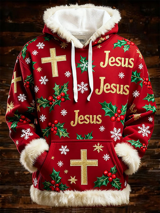 Men's Christmas Cross Print Casual Fur Collar Top