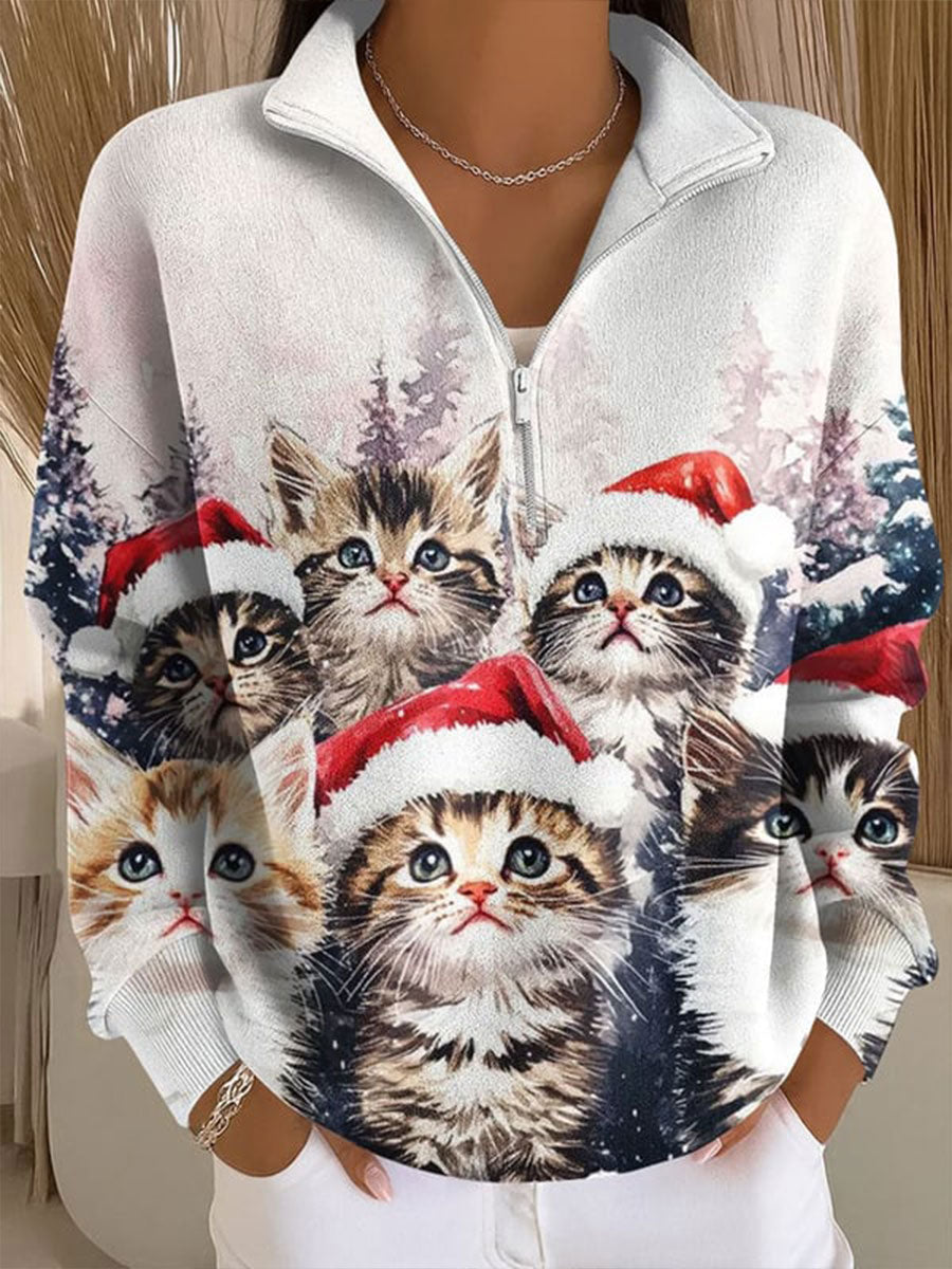 Women's Watercolor Christmas Cat Print Zipper Crewneck Sweatshirt