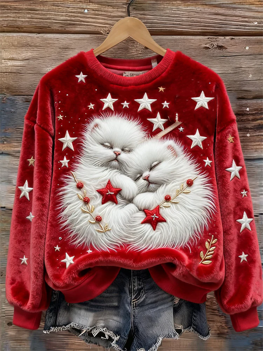 Women's Cat and Christmas star print Flannel Hoodie