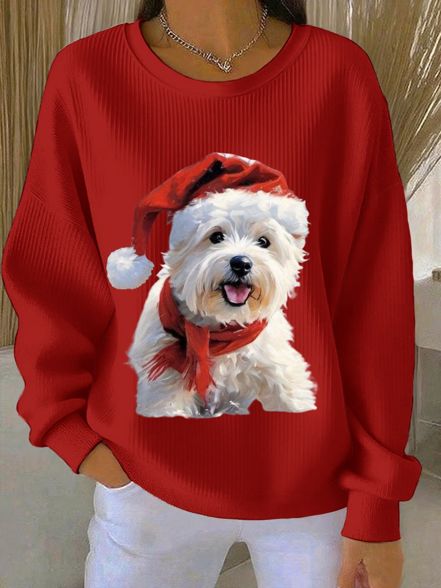 Women's  West Highland White Terrier Westie Christmas Ribbed Round-Neck Sweatshirt