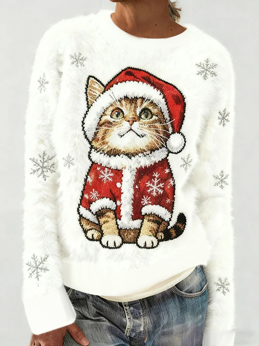 Women's Cute Christmas Cat Art Print Casual Flannel Sweater