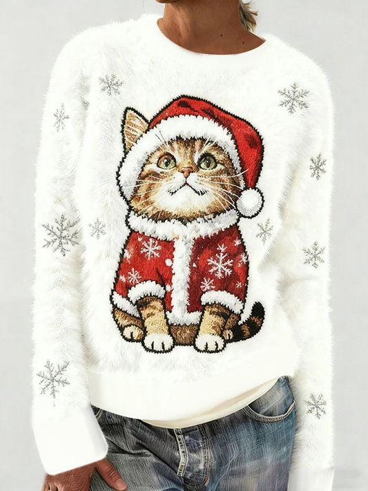 Women's Cute Christmas Cat Art Print Casual Flannel Sweater