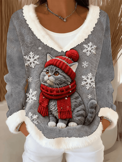 Women's Cute Christmas Cat Art Print Casual Top