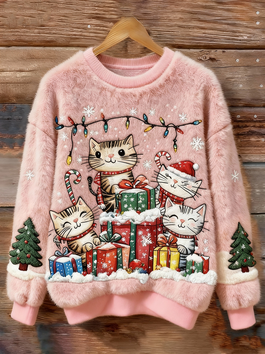 Women's Christmas tree and cat print Flannel Hoodie