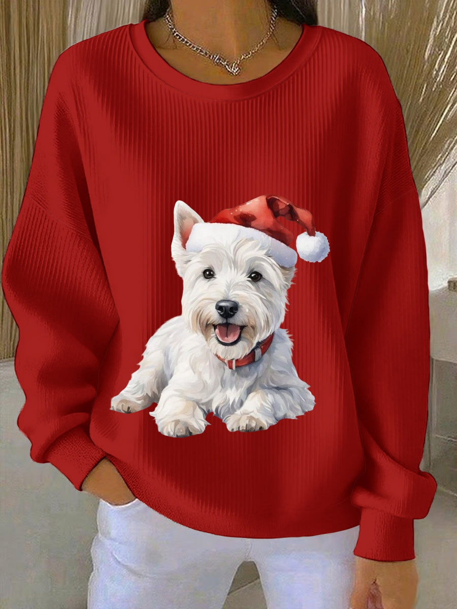 Women's  West Highland White Terrier Westie Christmas Ribbed Round-Neck Sweatshirt